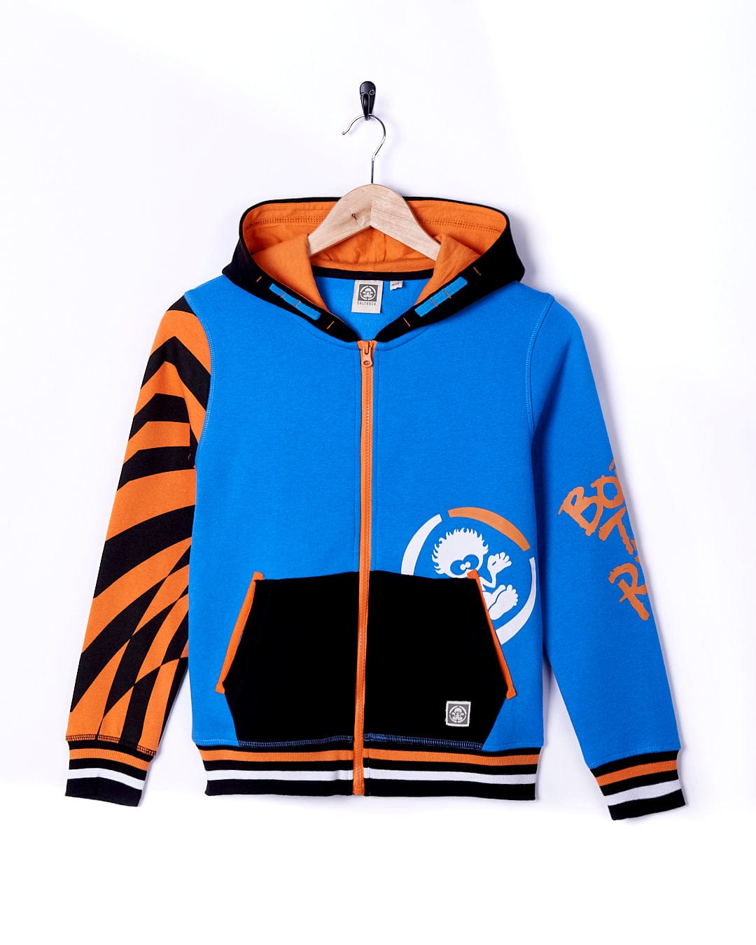 A Saltrock "Warp Ride - Kids Zip Hoodie - Blue" with a tiger on it.