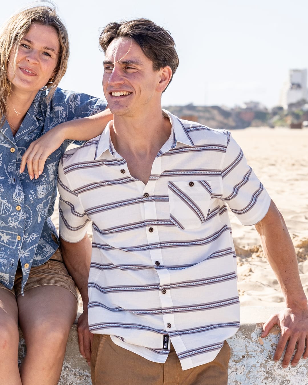 Waves Mens Short Sleeve Jacquard Shirt in Cream