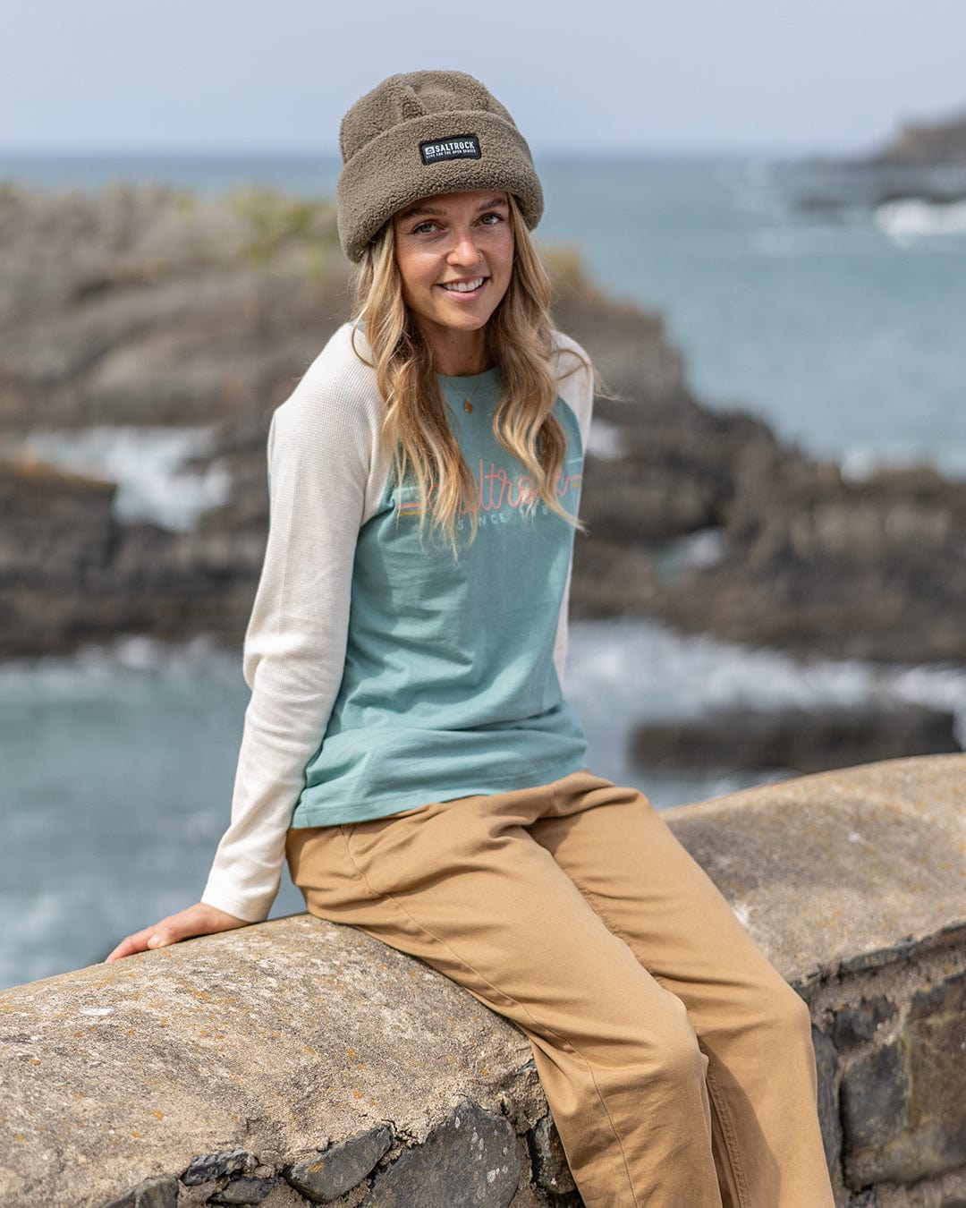 Links Waffle - Womens Raglan Long Sleeve T-Shirt - Blue/Cream