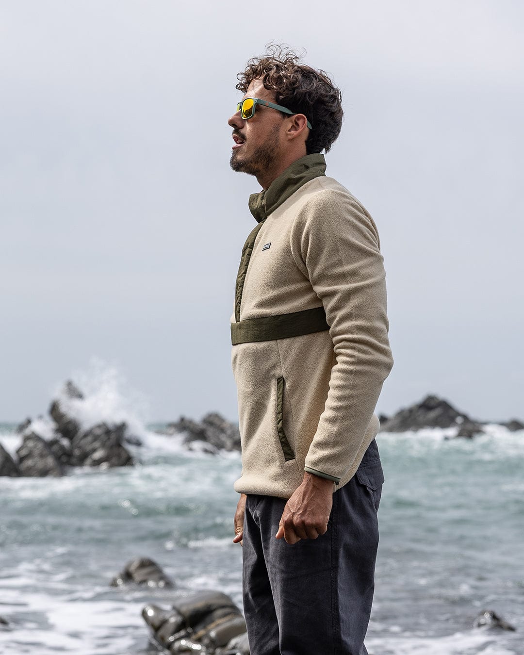 Isaac - Mens 1/4 Neck Fleece - Cream/Green