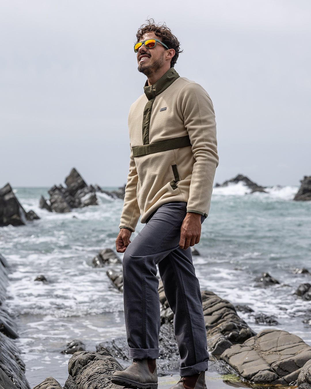 Isaac - Mens 1/4 Neck Fleece - Cream/Green
