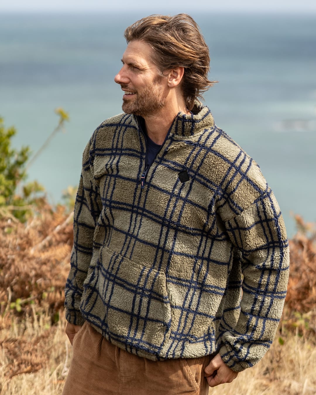 Peninsula Mens Checked 1/4 Neck Fleece In Dark Green