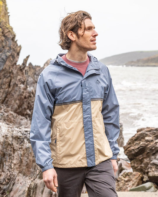 Rainer Tribal - Mens Waterproof Packable Rain Jacket- Blue/Beige