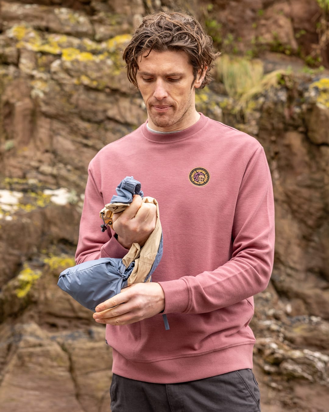 Rainer Tribal Mens Waterproof Packable Rain Jacket in Blue/Beige