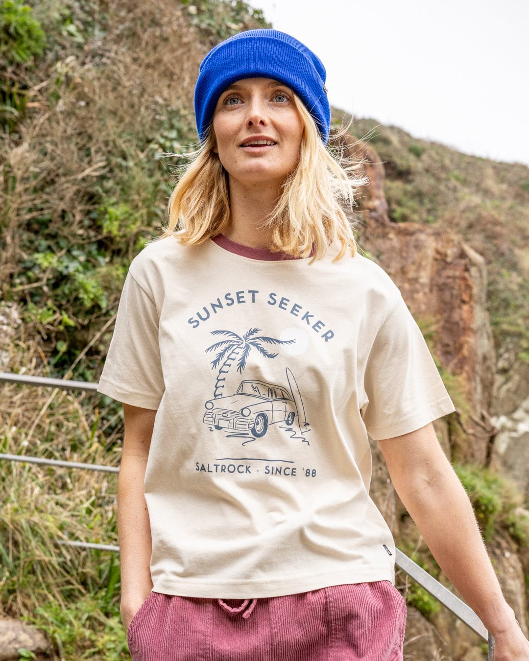 Sunset Seeker Womens Boxy Short Sleeve T-Shirt in Cream