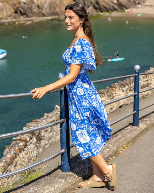 Island Tiles Womens Midi Dress in Bright Blue
