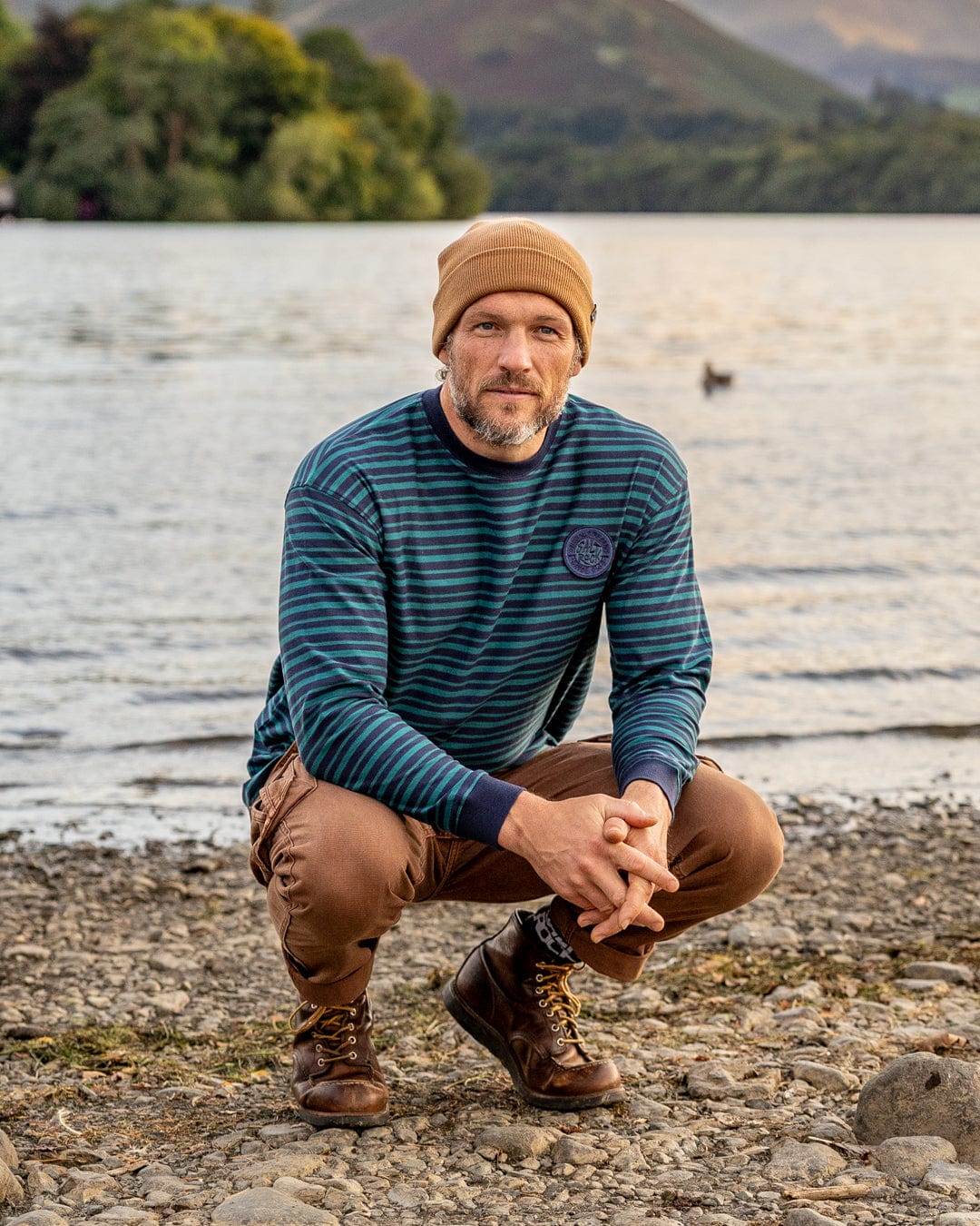 Original SR Badge - Mens Oversized Striped Long Sleeve T-Shirt  - Teal