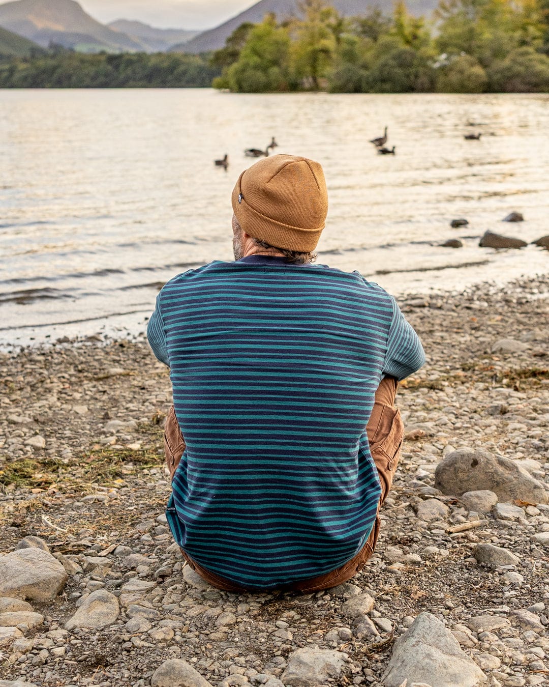 Original SR Badge - Mens Oversized Striped Long Sleeve T-Shirt  - Teal