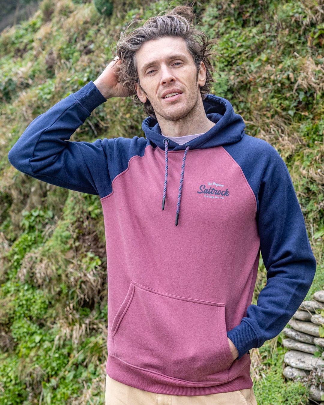 Postcard Script - Men's Raglan Pop Hoodie - Dark Pink/Blue