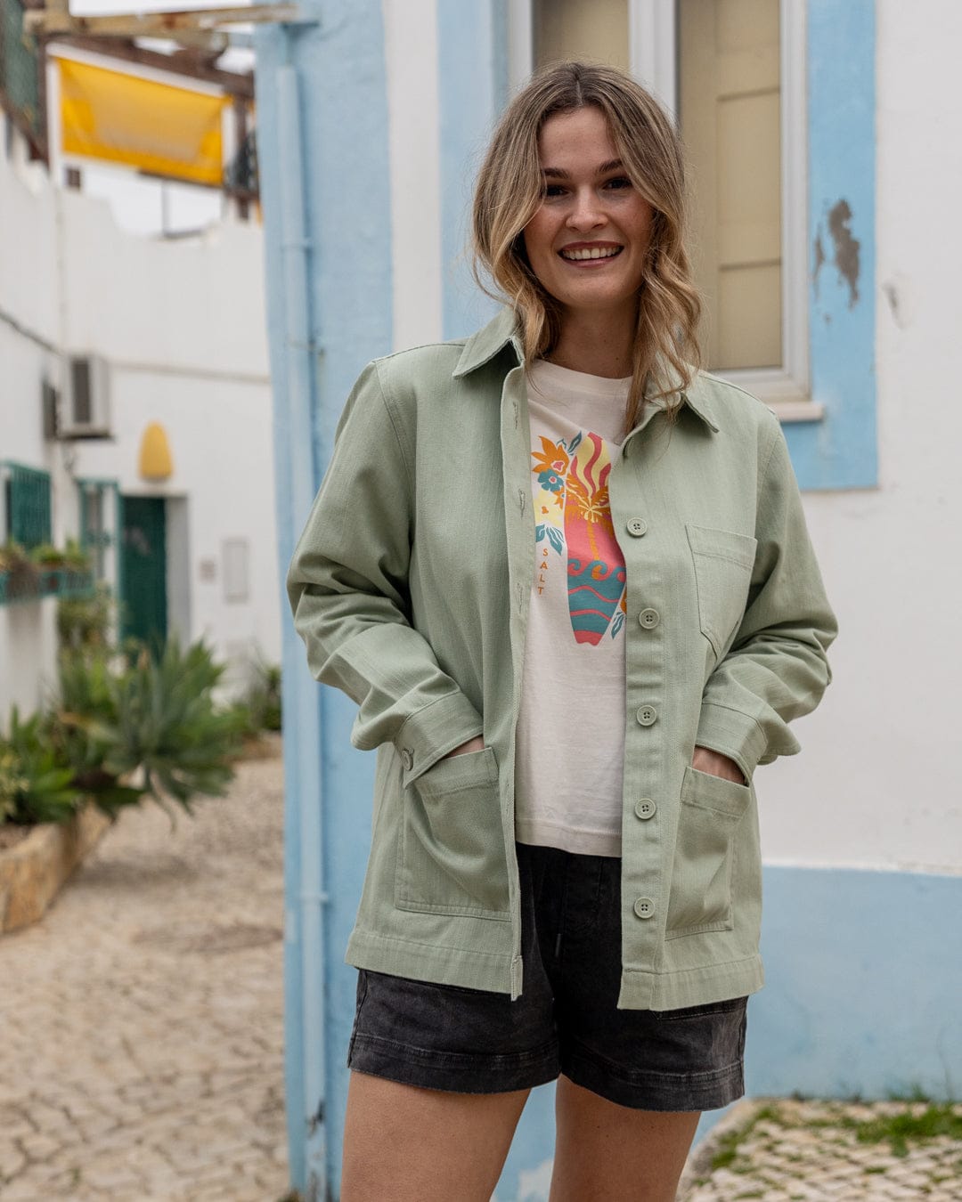 Braelyn Womens Twill Casual Jacket in Light Green