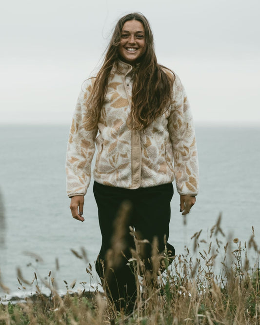 Fleur Womens Zip Through Floral Fleece in Cream