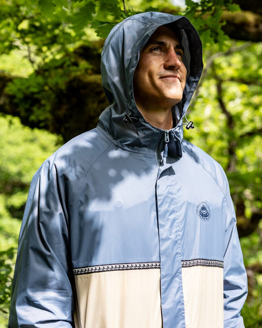 Rainer Tribal - Mens Waterproof Packable Rain Jacket- Blue/Beige