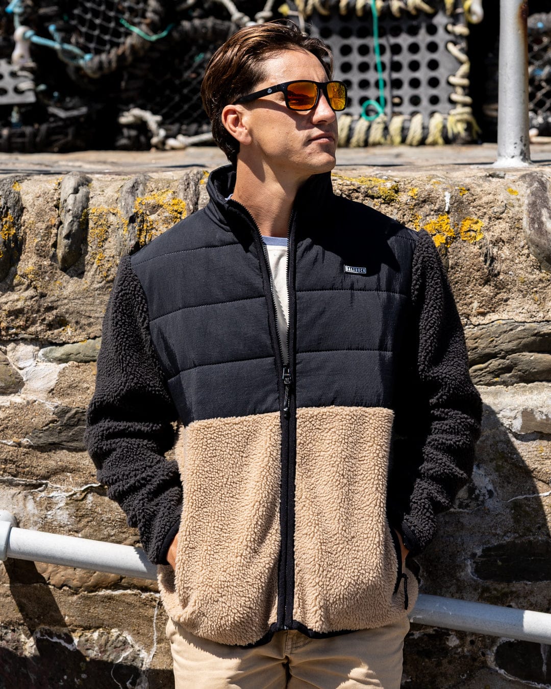 Rafe Mens Zip Fleece in Black/Beige