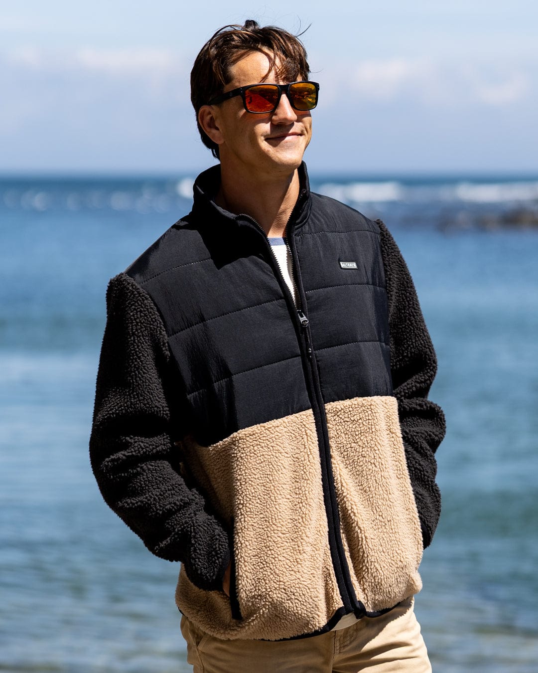 Rafe Mens Zip Fleece in Black/Beige
