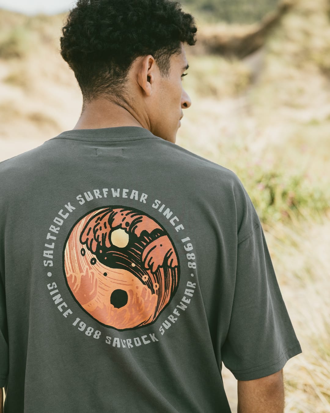 Yin Yang Wave Mens Oversized T-Shirt In Dark Grey