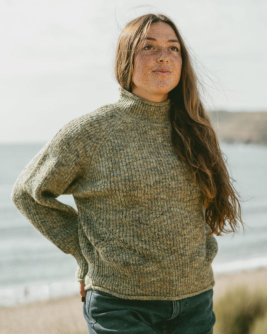 Andie Womens Knitted Funnel Jumper in Green