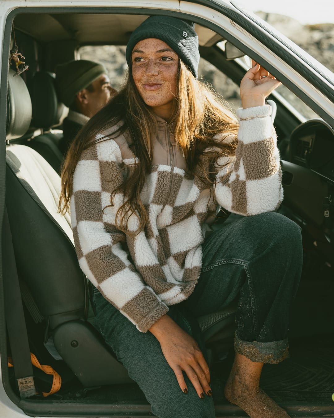 Calla Womens Hooded Chequered Fleece in Brown