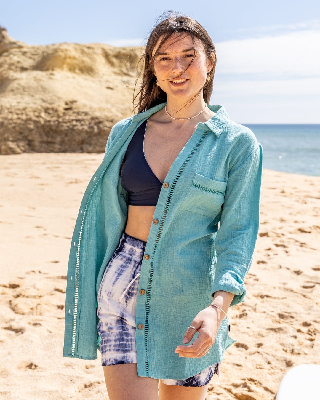 Calma Womens Oversized Beach Shirt in Blue