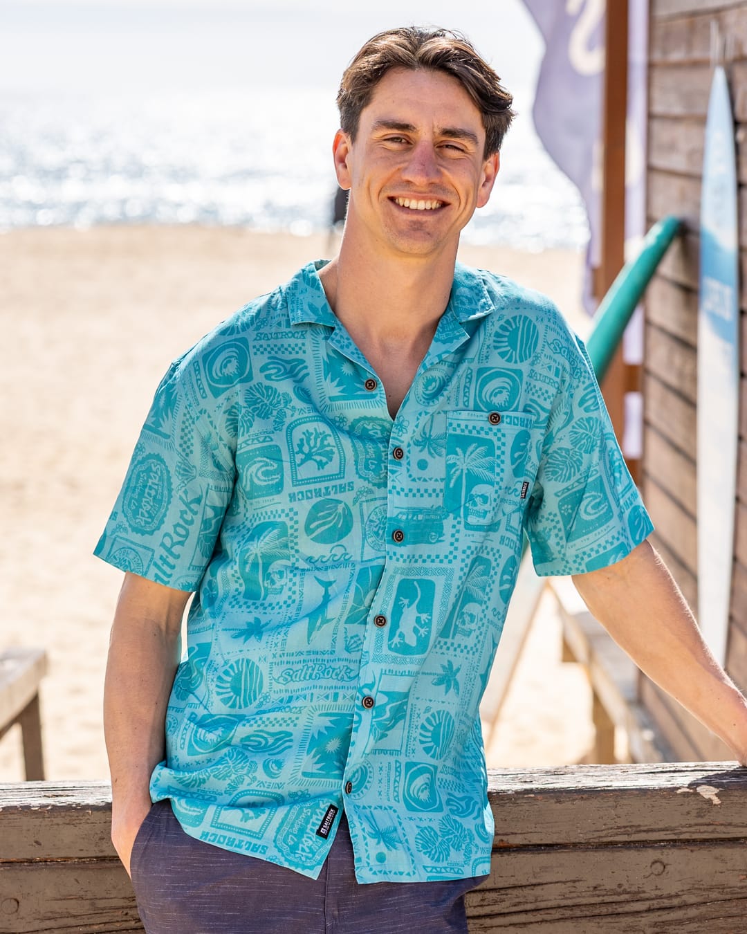 Heritage Tiles Mens Short Sleeve Shirt in Blue