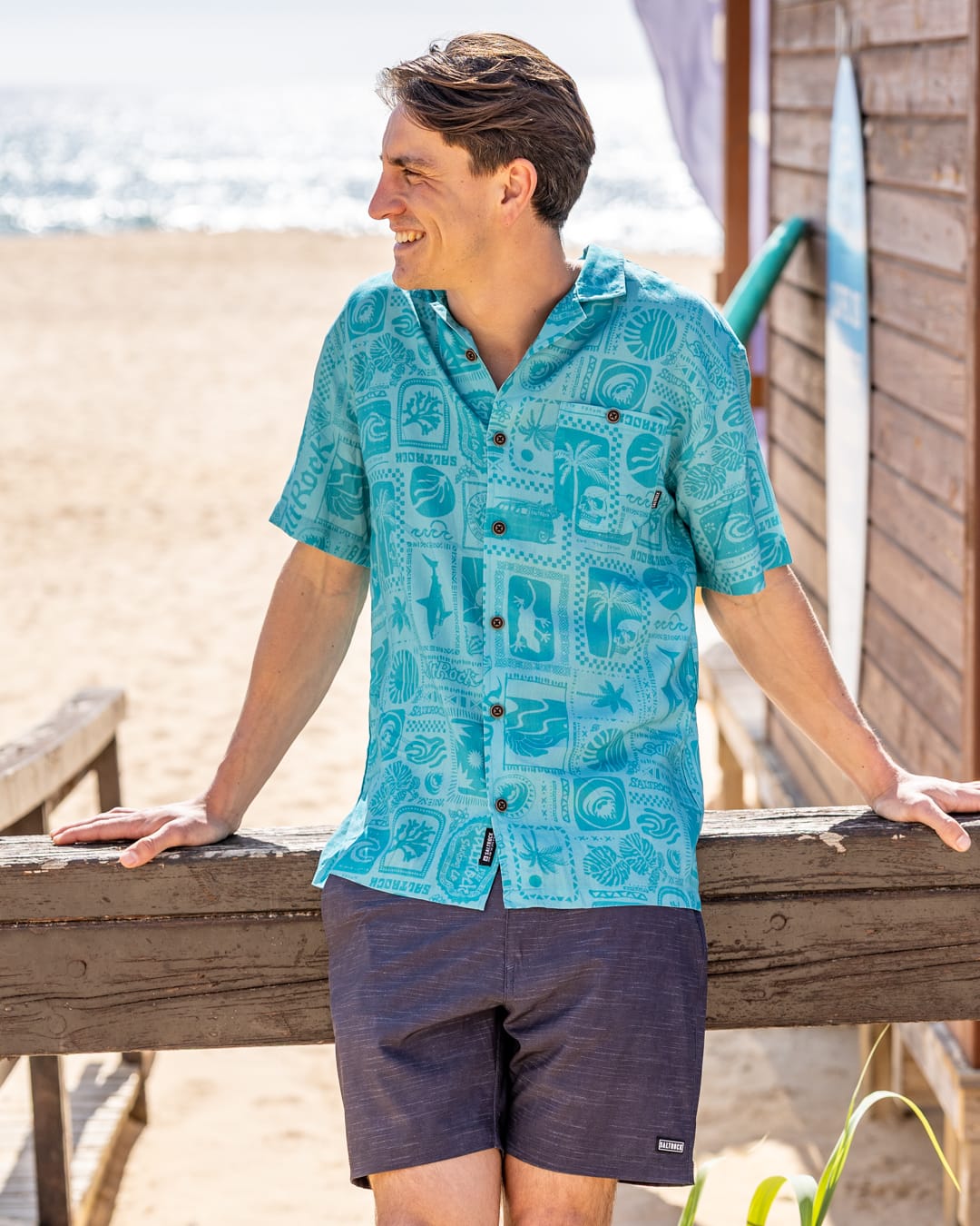Heritage Tiles Mens Short Sleeve Shirt in Blue