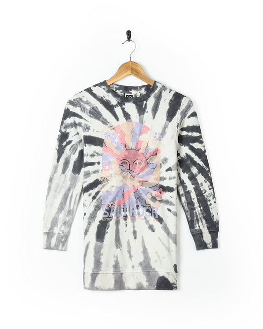 An Adventure Awaits - Kids Tie Dye Longline Sweat - Grey sweatshirt from Saltrock with an image of a cat on it.