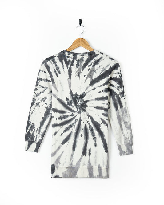 An Adventure Awaits - Kids Tie Dye Longline Sweat - Grey shirt hanging on a wooden hanger. (Brand: Saltrock)