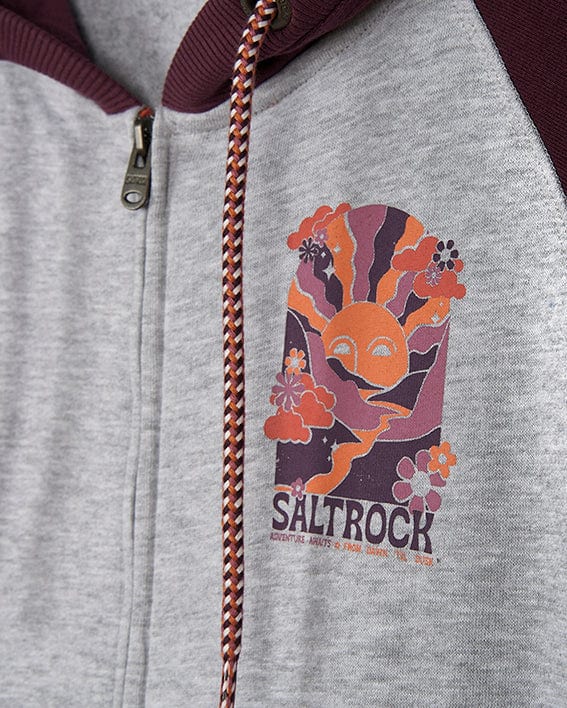 A Adventure Awaits - Womens Zip Hoodie - Light Grey with an image of Saltrock on it.