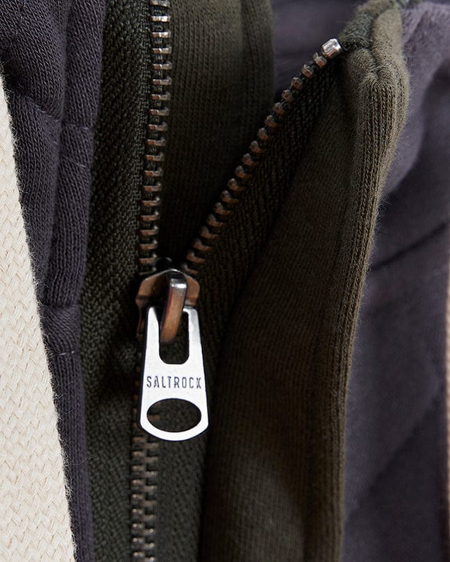A close up of a Saltrock Aiken Mens 1/4 Neck Hoodie Green zipper, perfect for warmth and comfort outdoors.
