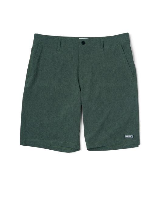The Saltrock Amphibian 2 - Mens Hybrid Boardshorts in Dark Green, made from a Hybrid 4 way stretch fabric, are displayed on a white background.