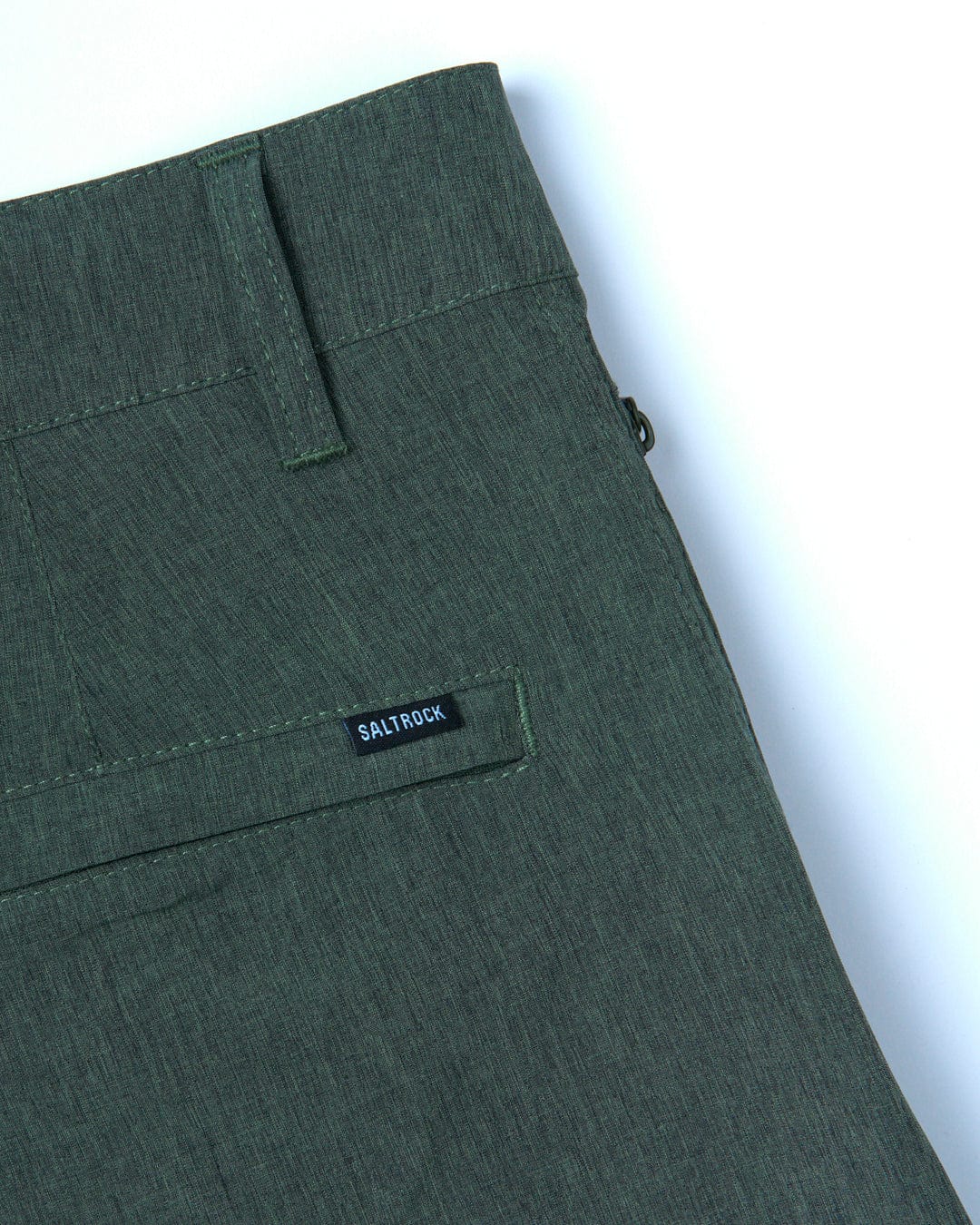 The back pocket of Saltrock's Amphibian 2 - Mens Hybrid Boardshorts - Dark Green with belt loops.