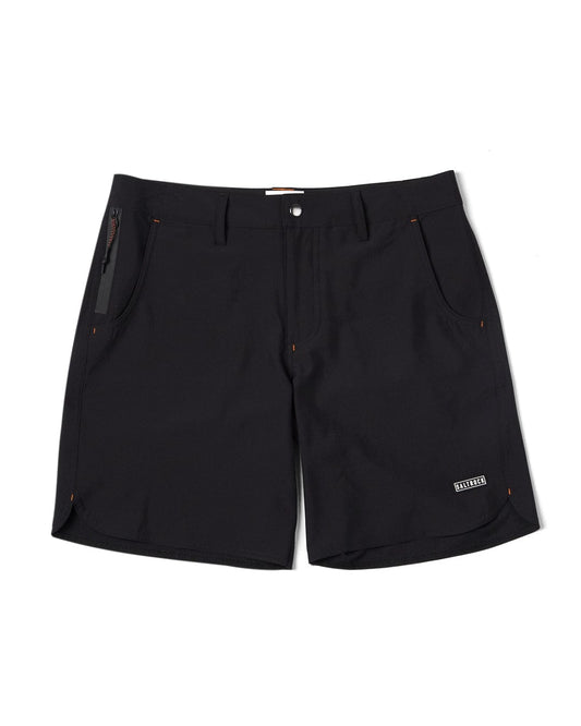 Black Amphibian - Womens Boardshorts from Saltrock, displayed flat, featuring side pockets and a zip fastening, with a visible Saltrock brand label on the left leg.