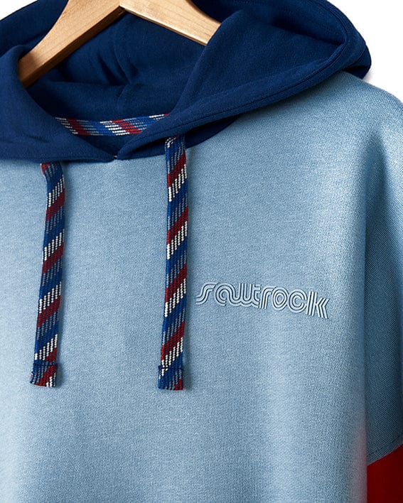 A relaxed fit hoodie with contrast paneling in blue and red, featuring Saltrock branding - the Anya Womens Pop Hoodie in Blue, by Saltrock.