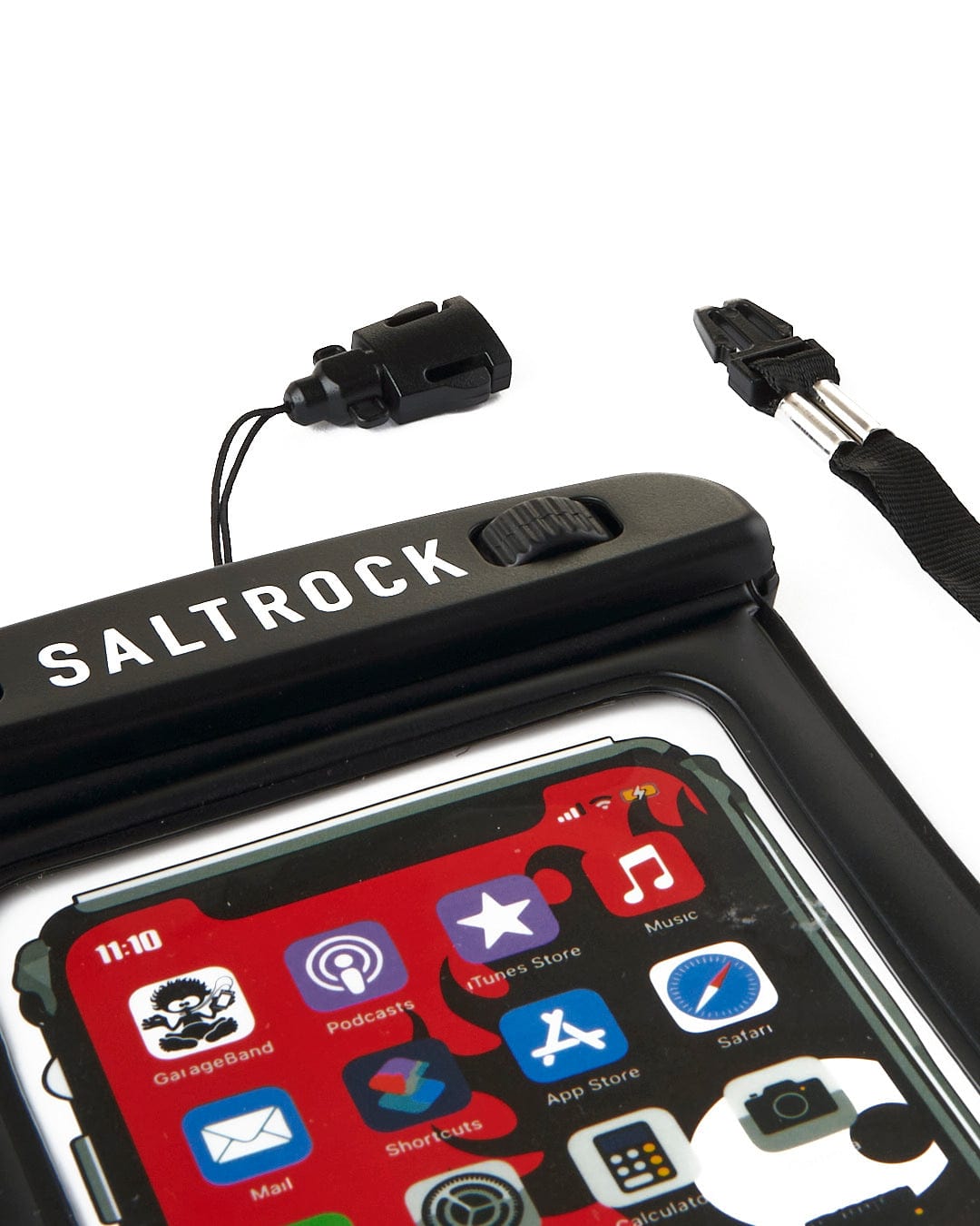 The Saltrock Aqua waterproof phone pouch in Black for iPhone XS/XS Max/XR features touch screen capabilities and is also waterproof, ensuring your phone stays safe even if it accidentally floats in water.