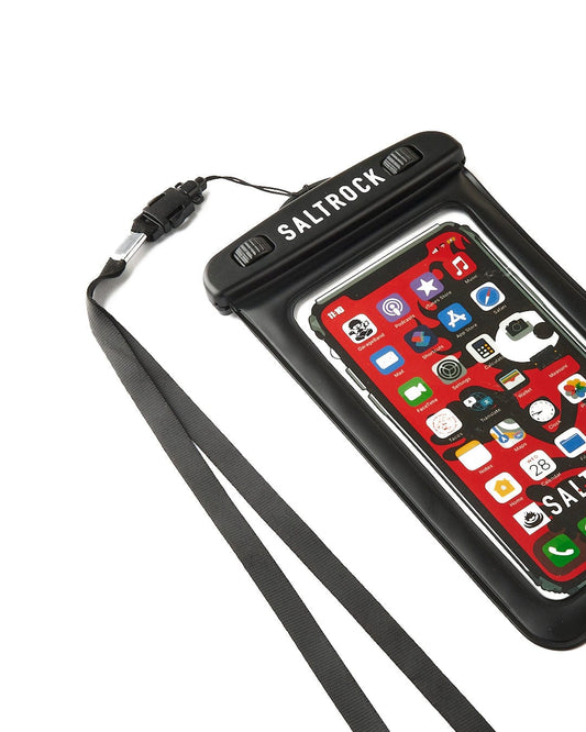 A Aqua Waterproof Phone Pouch - Black with a touch screen and lanyard made by Saltrock.