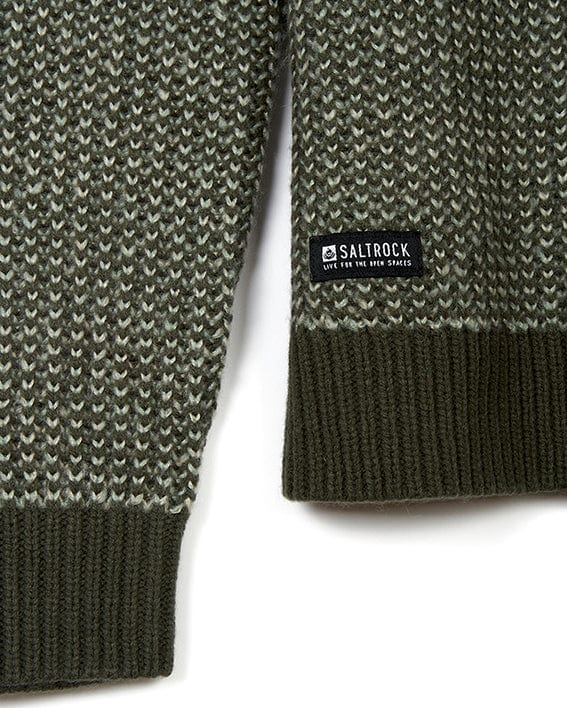 The back of a Arlen - Mens Crew Knit - Dark Green sweater with a logo on it. (Saltrock)