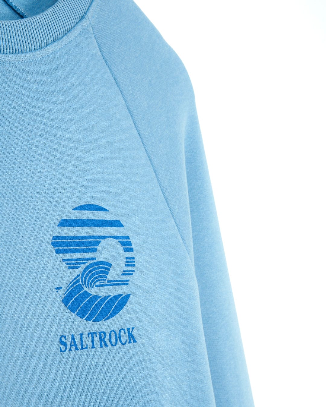 A Atlantic - Mens Crew Sweat - Light Blue sweatshirt with the Saltrock logo on it.
