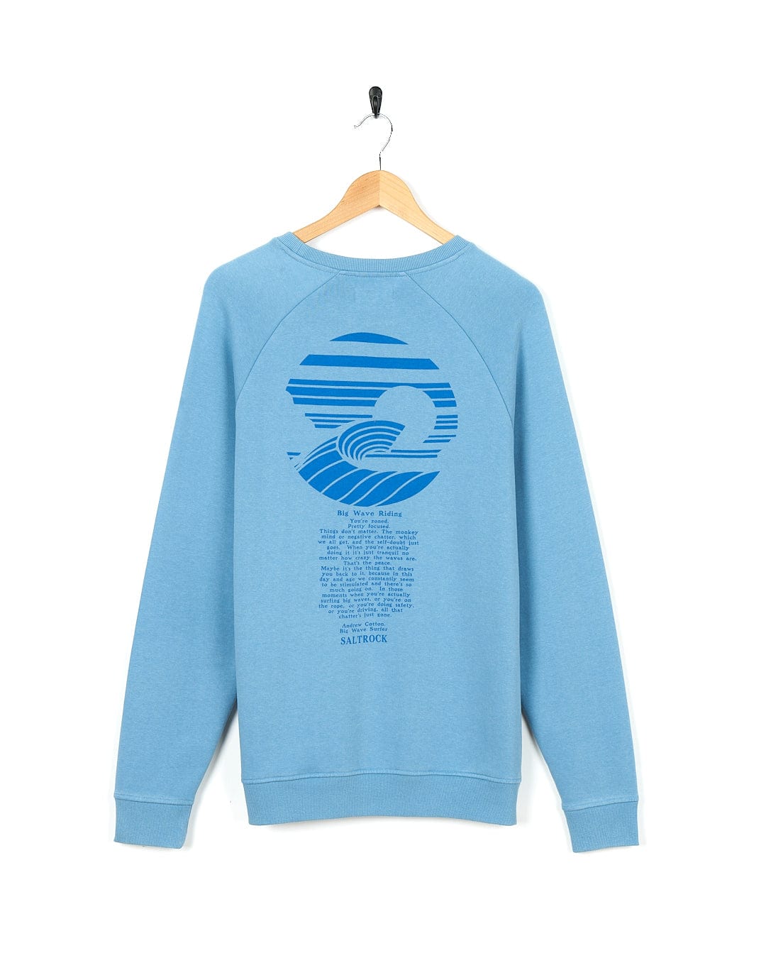 A Saltrock Atlantic - Mens Crew Sweat - Light Blue with an image of the ocean on it.