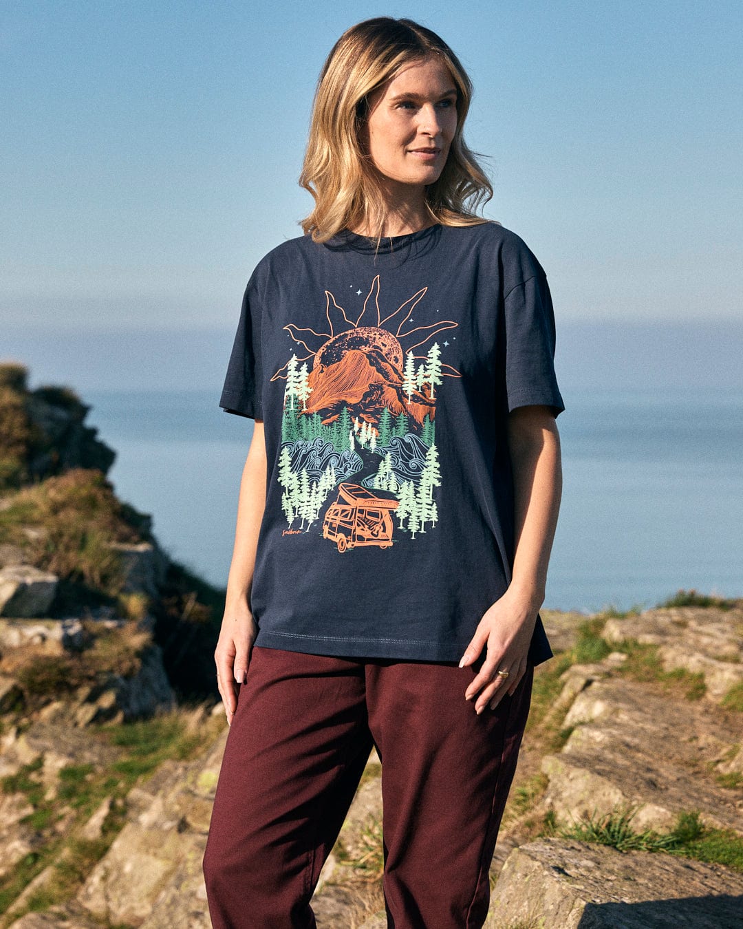 Open Road - Womens Oversized Short Sleeve T-Shirt - Blue