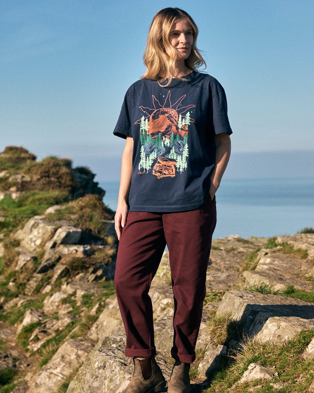 Open Road - Womens Oversized Short Sleeve T-Shirt - Blue