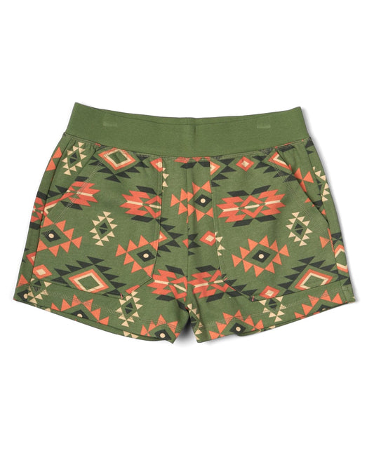 A pair of Aztec Santano - Womens Sweatshorts - Green/Orange with an elasticated waistband by Saltrock.
