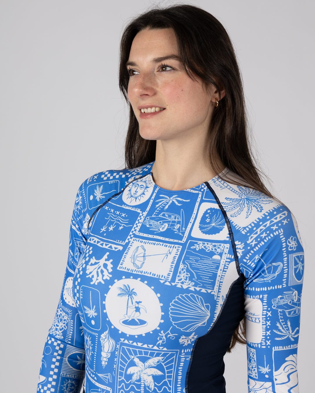 Island Tiles Womens Long Sleeve Swimsuit in Blue