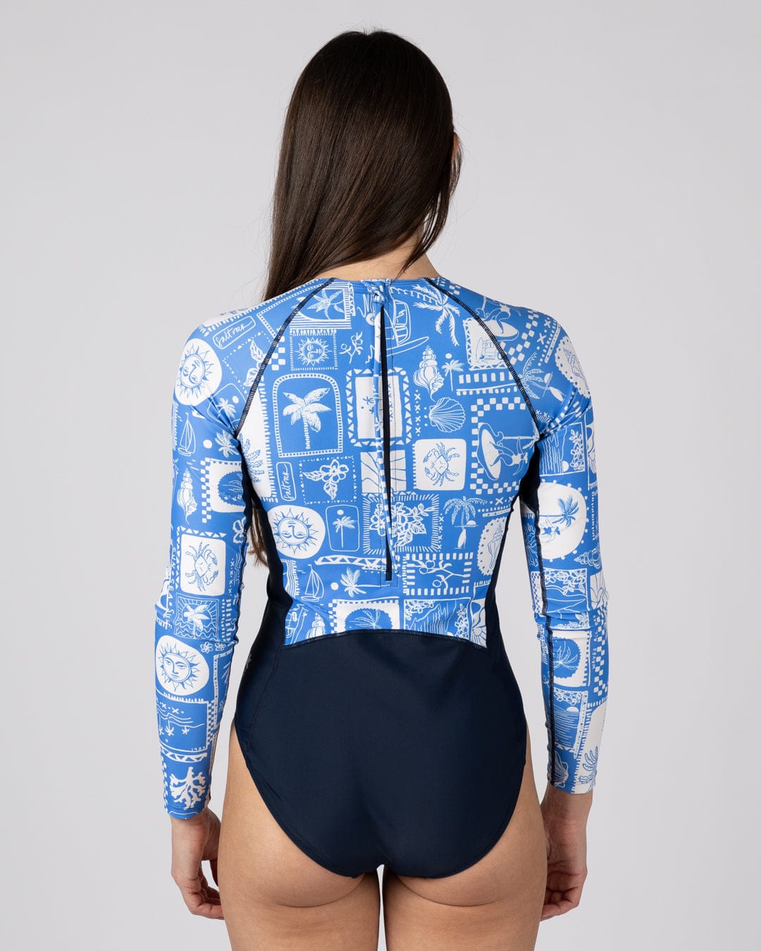 Island Tiles Womens Long Sleeve Swimsuit in Blue