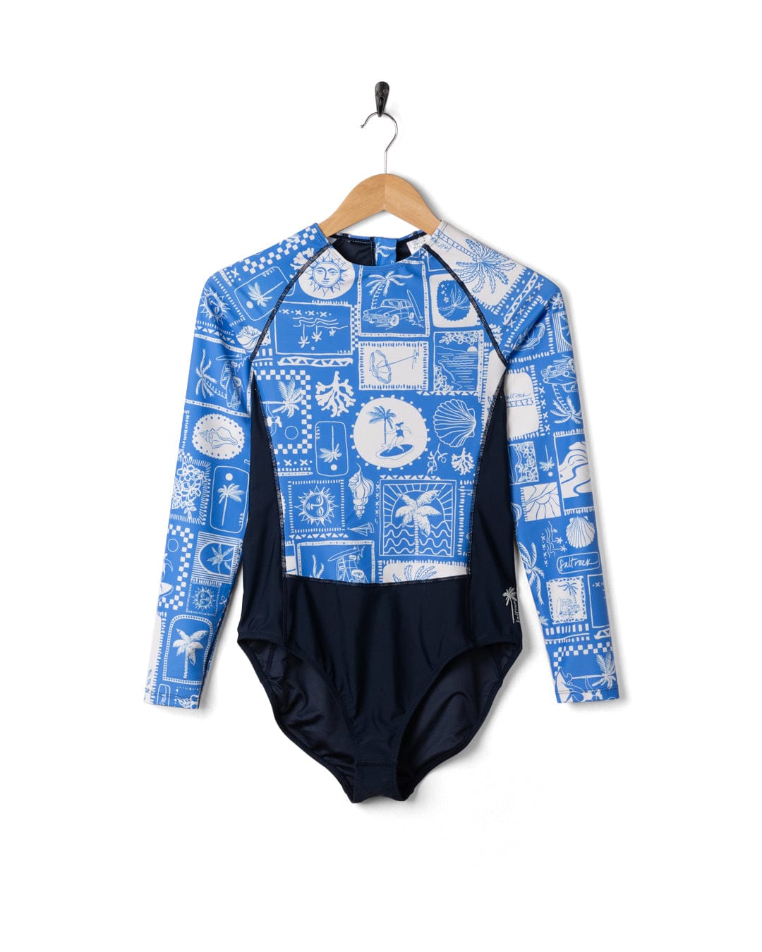 Island Tiles Womens Long Sleeve Swimsuit in Blue