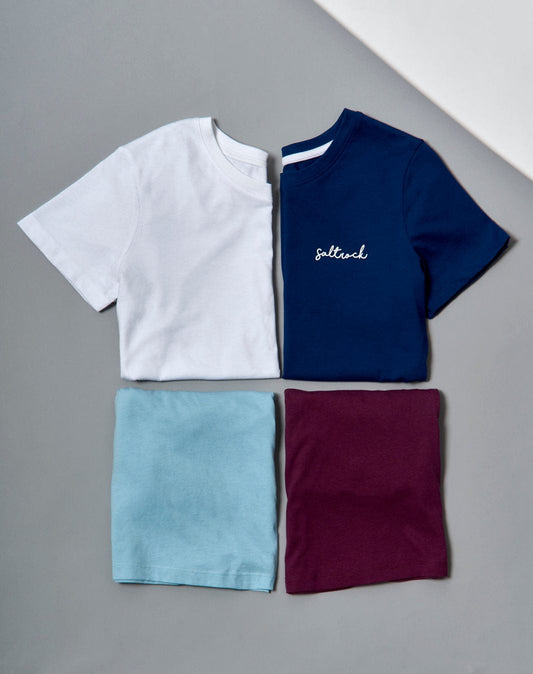 Three Velator - Womens Short Sleeve T-Shirts in Light Blue from the Saltrock range, featuring the word 'hello' on them. These staples are a must-have in every Saltrock wardrobe.