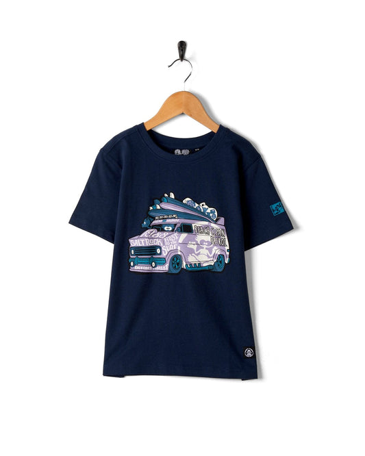 A Beach Patrol - Kids Short Sleeve T-Shirt - Blue by Saltrock featuring a campervan with surfboards on it.