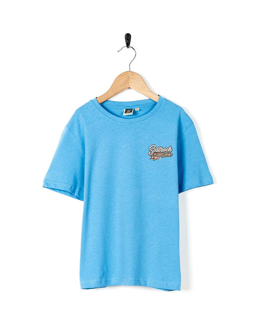 A Saltrock - Beach Signs Wales Kids Short Sleeve T-Shirt - Light Blue with a brown logo on it.