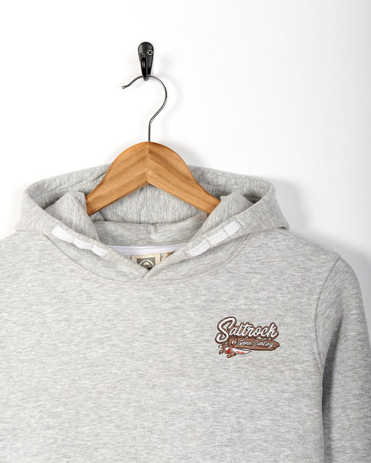 A Saltrock Beach Signs Cornwall - Kids Pop Hoodie - Grey with a logo on it.