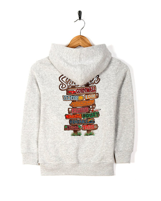 A Saltrock Beach Signs Cornwall - Kids Pop Hoodie - Grey with an image of a bear and a tree on it.