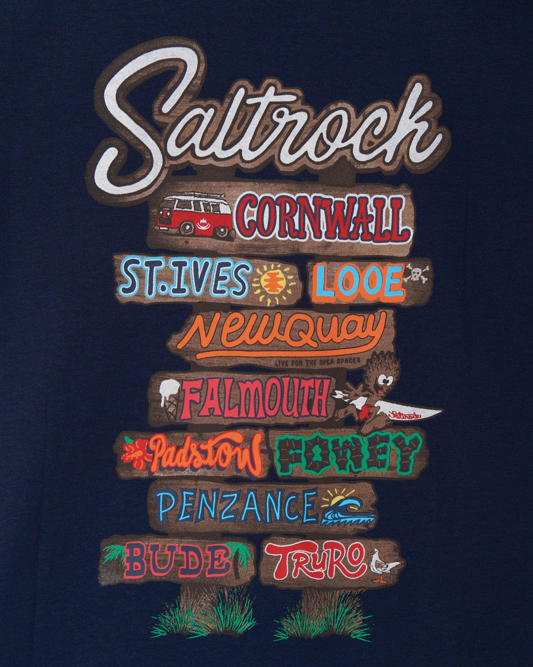 A beach Signs Cornwall t-shirt from Saltrock, featuring peached soft hand feel.