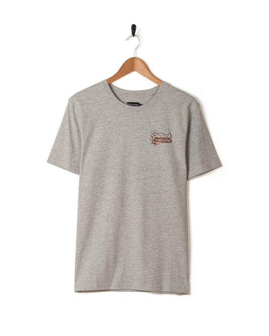 A grey t-shirt with a Beach Signs Cornwall branding logo on it.